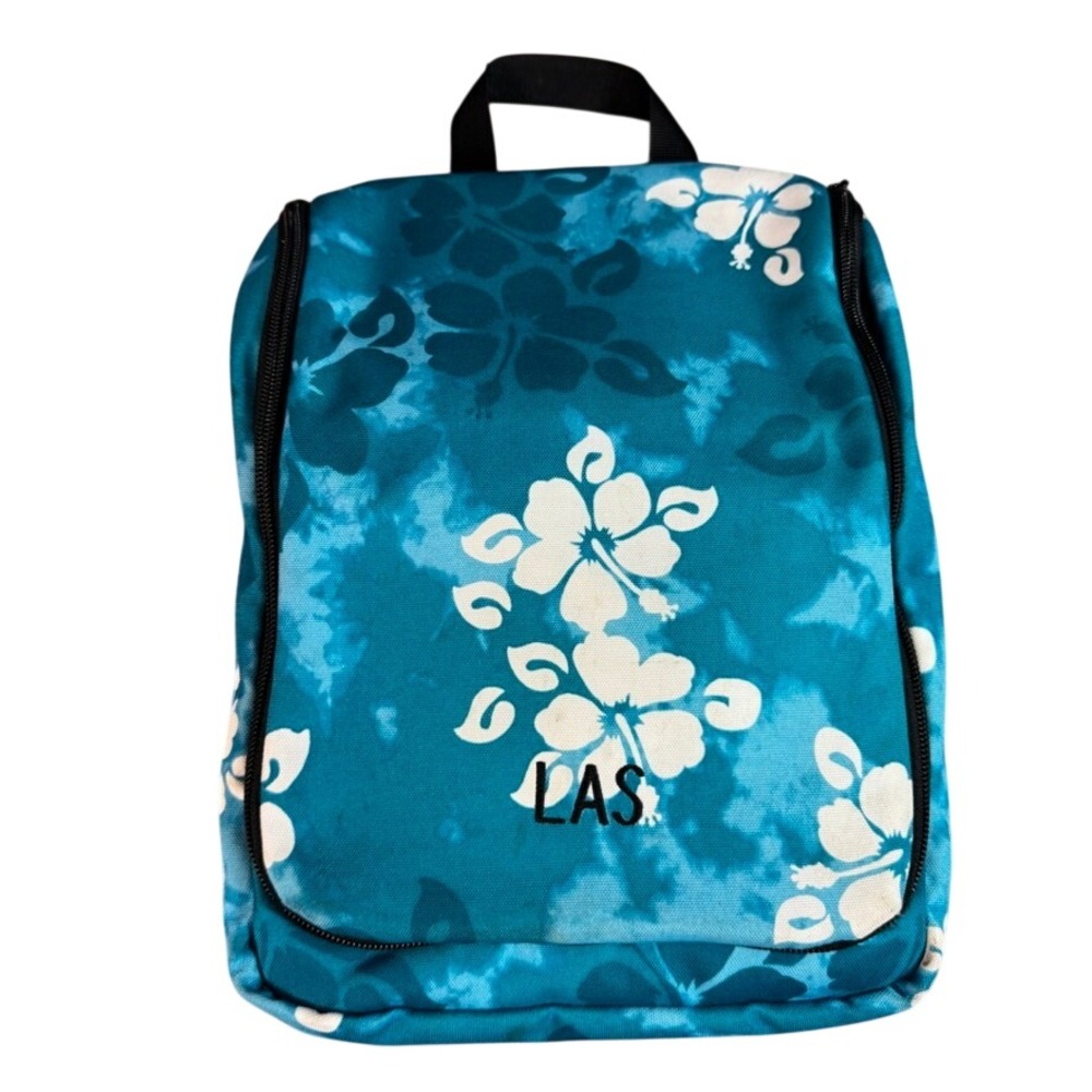 L.L. Bean Blue Floral Toiletry Bag Hanging Travel Organizer LAS Initials